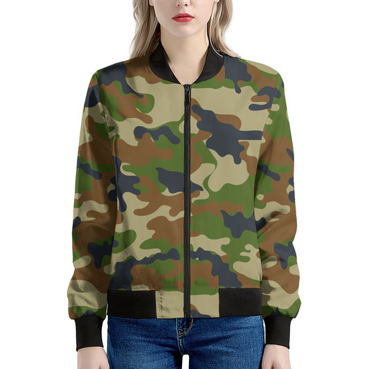Military Green Camouflage Print Women's Bomber Jacket