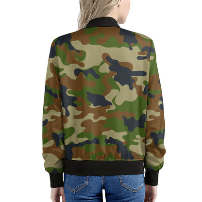 Military Green Camouflage Print Women's Bomber Jacket