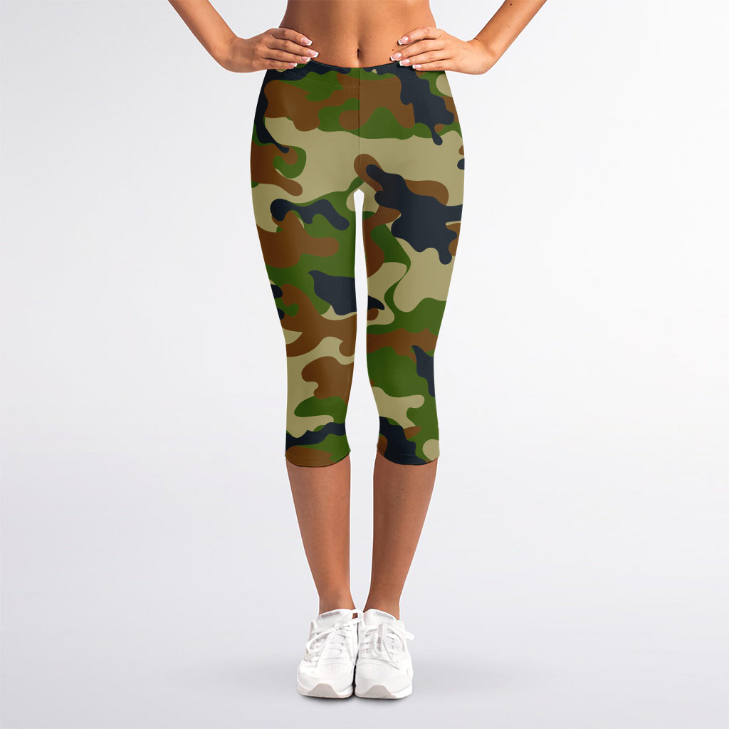 Military Green Camouflage Print Women's Capri Leggings