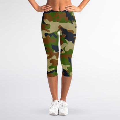 Military Green Camouflage Print Women's Capri Leggings