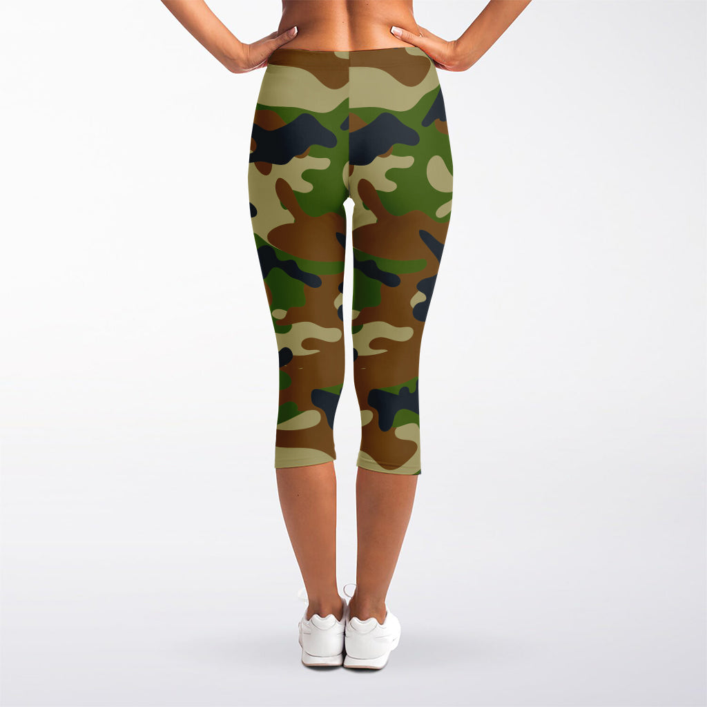 Military Green Camouflage Print Women's Capri Leggings