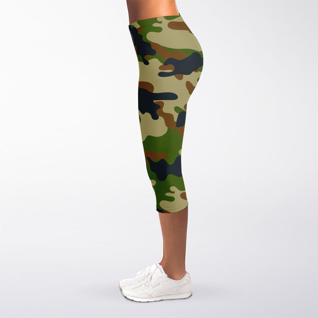 Military Green Camouflage Print Women's Capri Leggings
