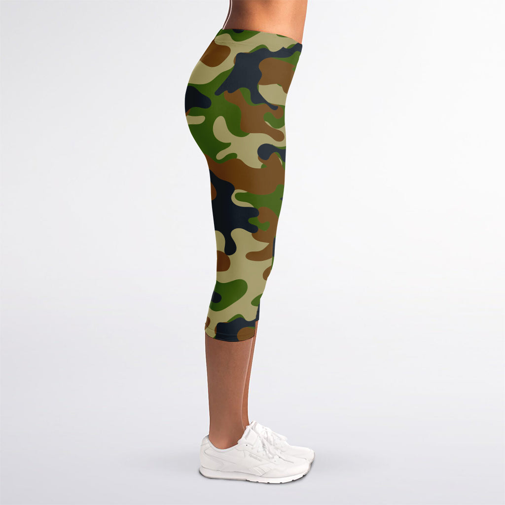 Military Green Camouflage Print Women's Capri Leggings