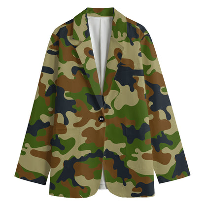 Military Green Camouflage Print Women's Cotton Blazer