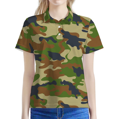 Military Green Camouflage Print Women's Polo Shirt