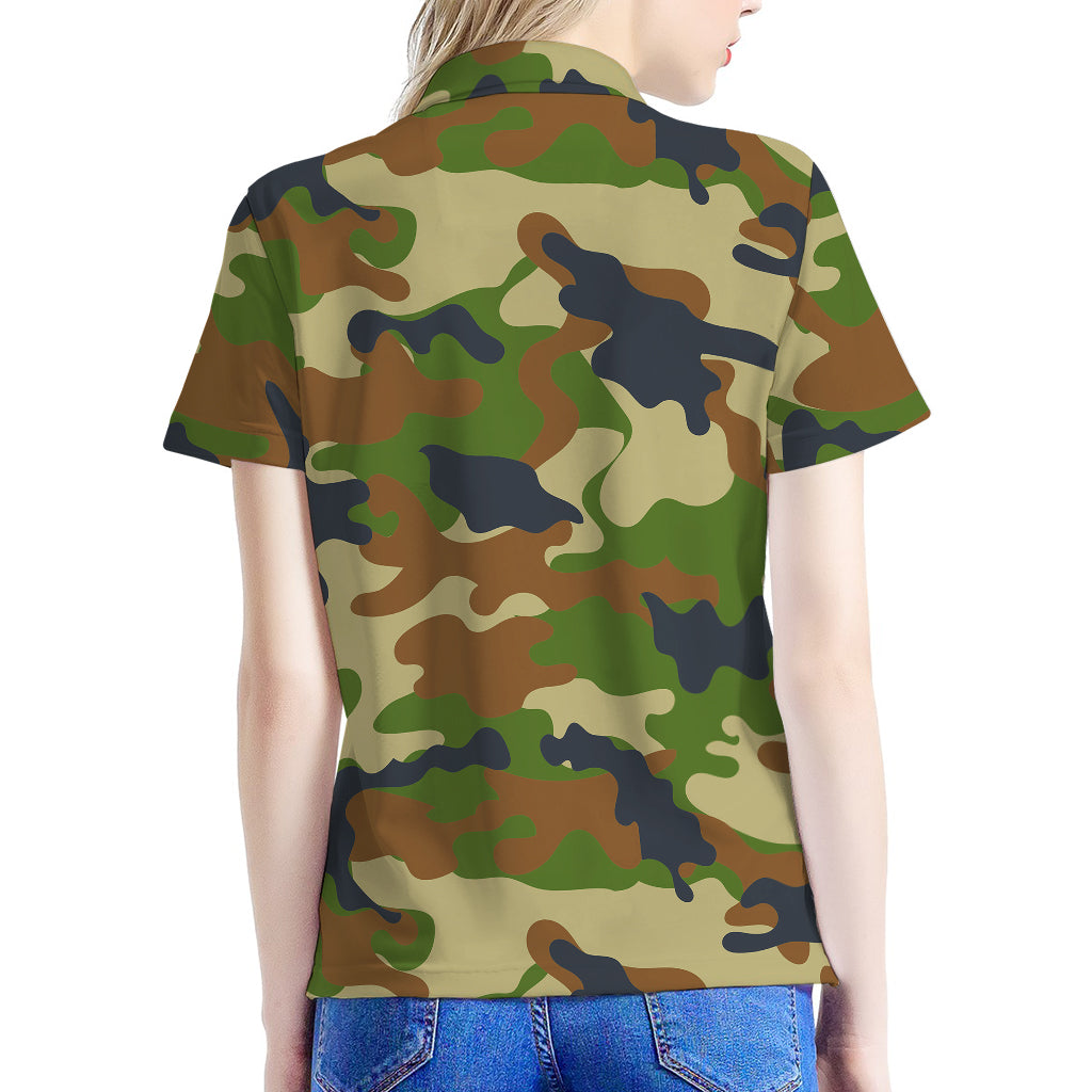 Military Green Camouflage Print Women's Polo Shirt