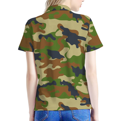Military Green Camouflage Print Women's Polo Shirt