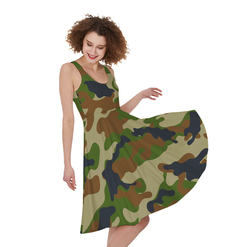 Military Green Camouflage Print Women's Sleeveless Dress
