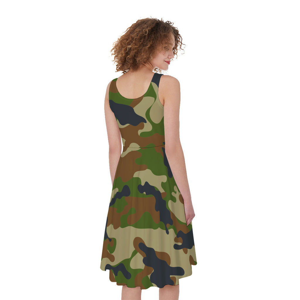 Military Green Camouflage Print Women's Sleeveless Dress