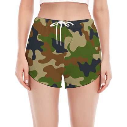 Military Green Camouflage Print Women's Split Running Shorts
