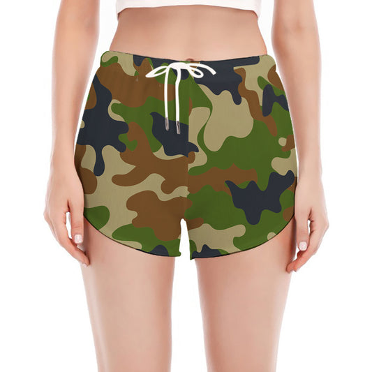 Military Green Camouflage Print Women's Split Running Shorts