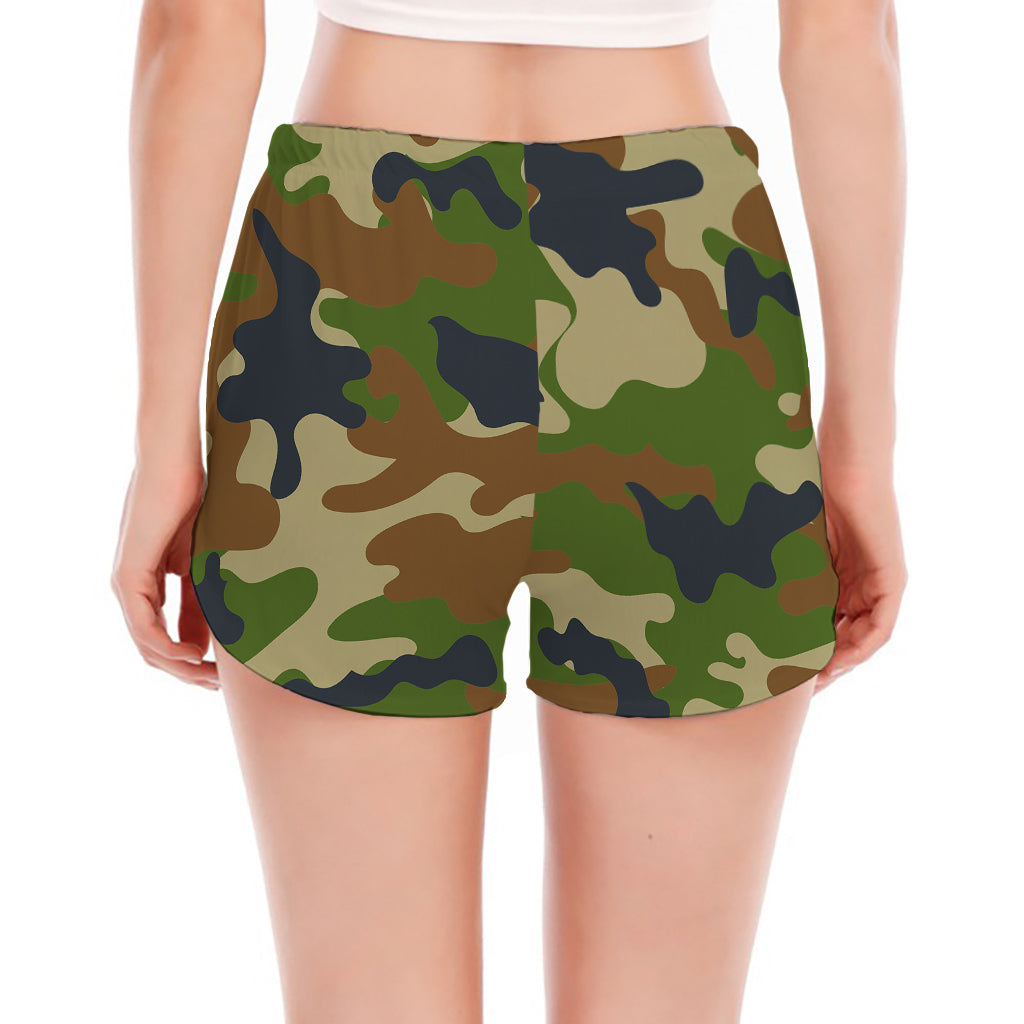 Military Green Camouflage Print Women's Split Running Shorts