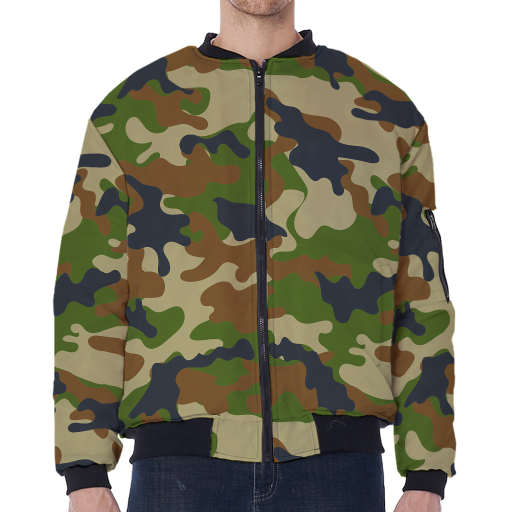 Military Green Camouflage Print Zip Sleeve Bomber Jacket