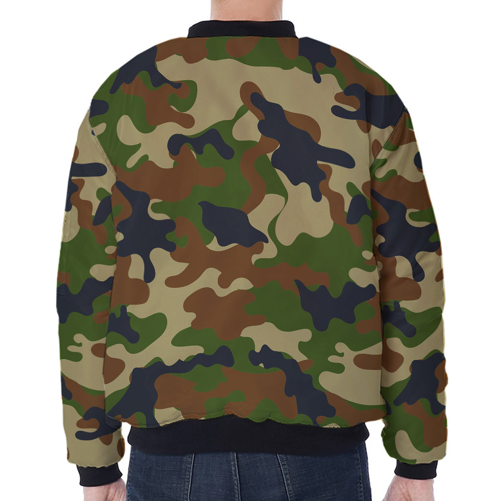 Military Green Camouflage Print Zip Sleeve Bomber Jacket