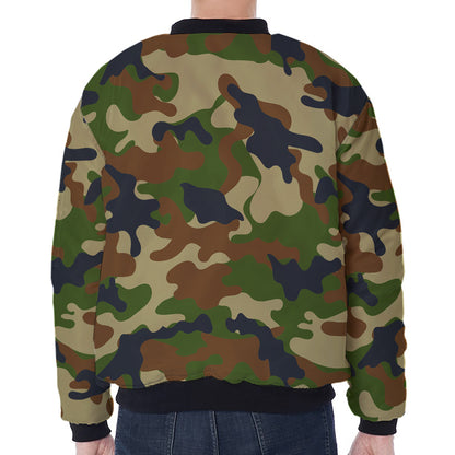 Military Green Camouflage Print Zip Sleeve Bomber Jacket
