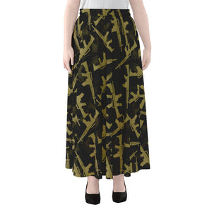 Military Guns Pattern Print Chiffon Maxi Skirt