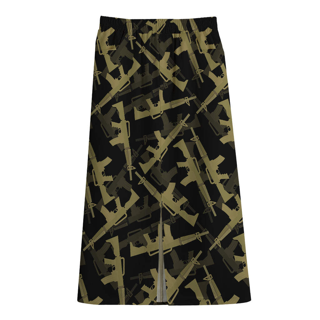 Military Guns Pattern Print Cotton Front Slit Maxi Skirt