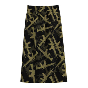 Military Guns Pattern Print Cotton Front Slit Maxi Skirt