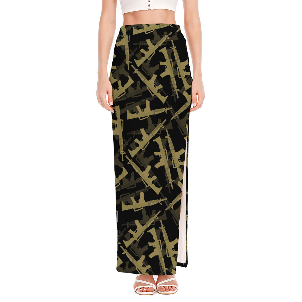 Military Guns Pattern Print High Slit Maxi Skirt