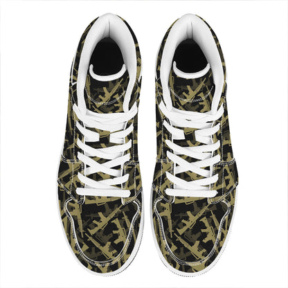 Military Guns Pattern Print High Top Leather Sneakers