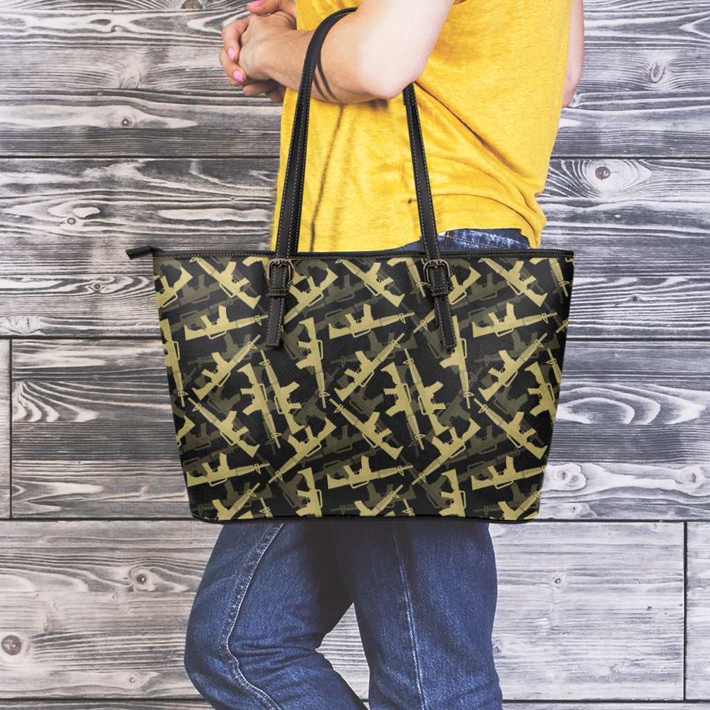 Military Guns Pattern Print Leather Tote Bag