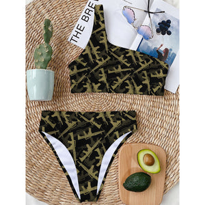 Military Guns Pattern Print One Shoulder Bikini Top