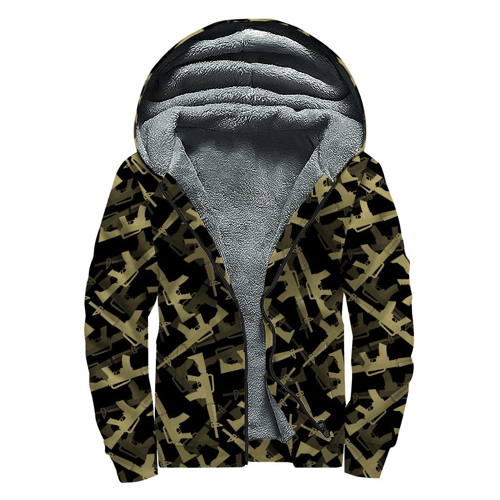 Military Guns Pattern Print Sherpa Lined Zip Up Hoodie