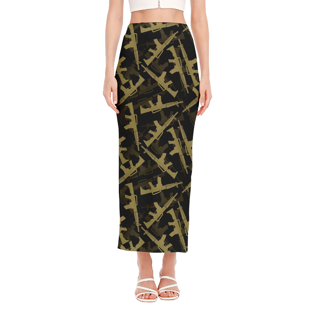 Military Guns Pattern Print Side Slit Maxi Skirt