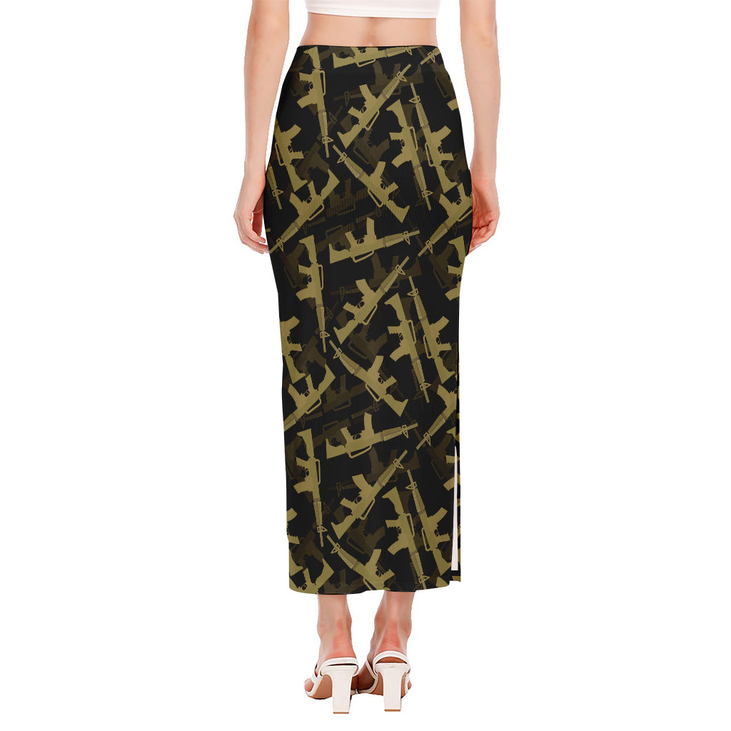 Military Guns Pattern Print Side Slit Maxi Skirt