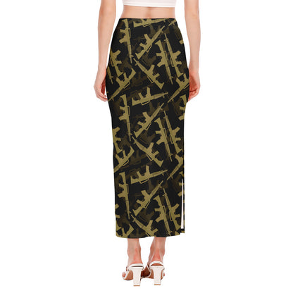 Military Guns Pattern Print Side Slit Maxi Skirt