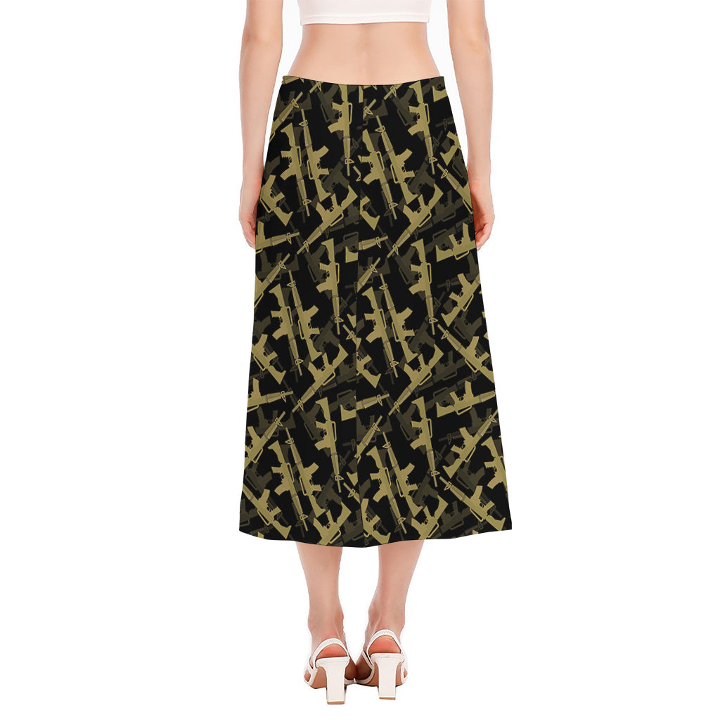 Military Guns Pattern Print Side Slit Midi Skirt