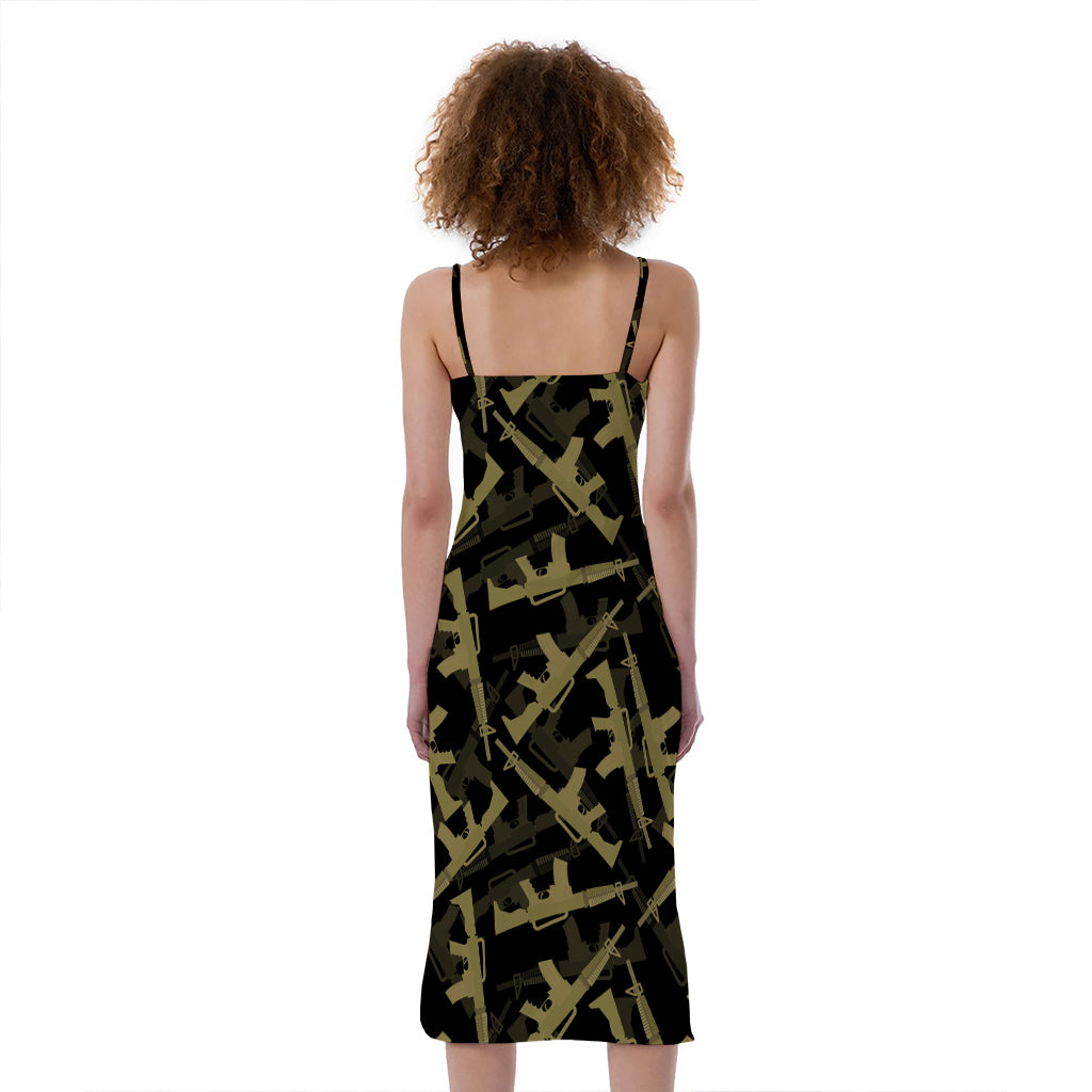 Military Guns Pattern Print Slim Fit Midi Cami Dress