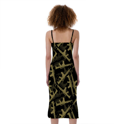 Military Guns Pattern Print Slim Fit Midi Cami Dress