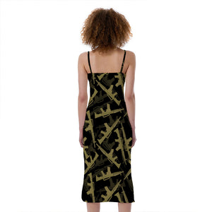 Military Guns Pattern Print Slim Fit Midi Cami Dress