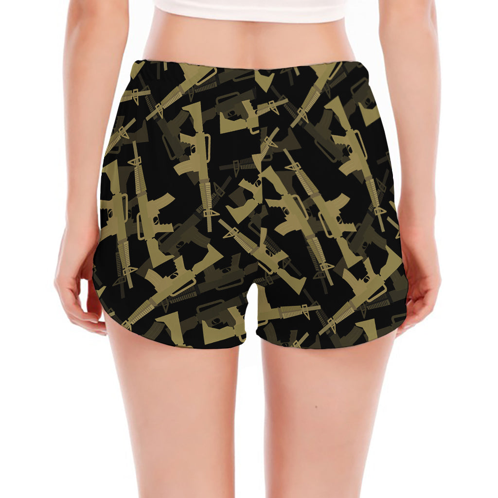 Military Guns Pattern Print Women's Split Running Shorts