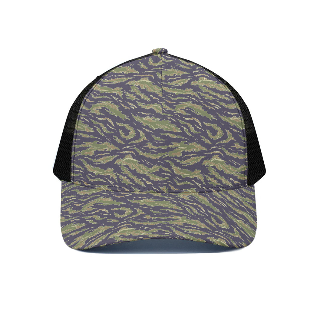 Military Tiger Stripe Camouflage Print Black Mesh Trucker Cap