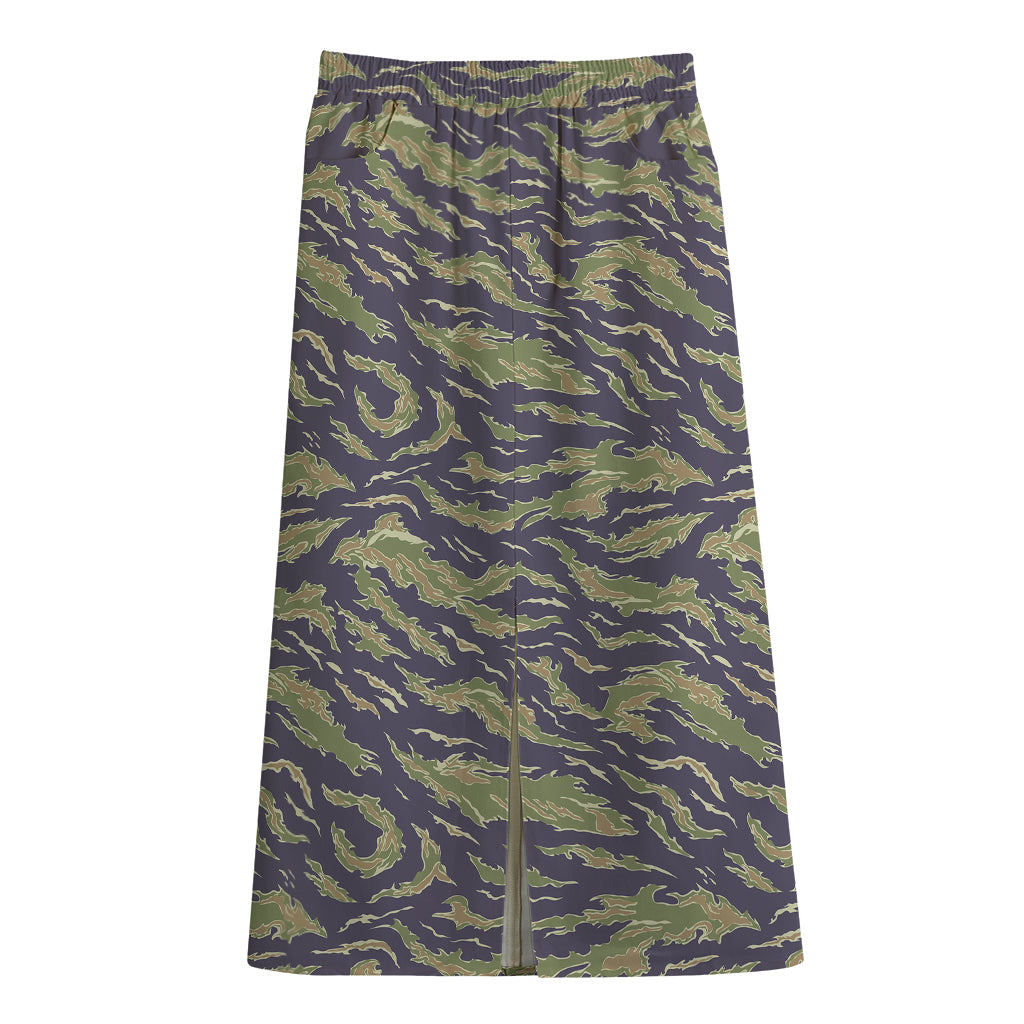 Military Tiger Stripe Camouflage Print Cotton Front Slit Maxi Skirt