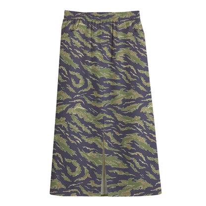 Military Tiger Stripe Camouflage Print Cotton Front Slit Maxi Skirt