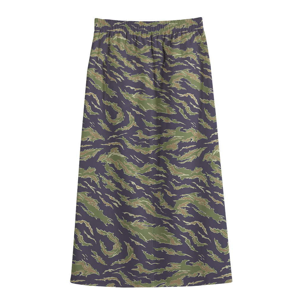 Military Tiger Stripe Camouflage Print Cotton Front Slit Maxi Skirt