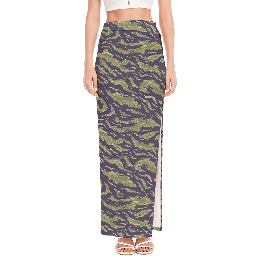 Military Tiger Stripe Camouflage Print High Slit Maxi Skirt