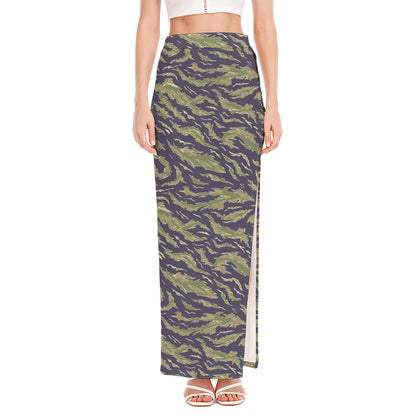 Military Tiger Stripe Camouflage Print High Slit Maxi Skirt