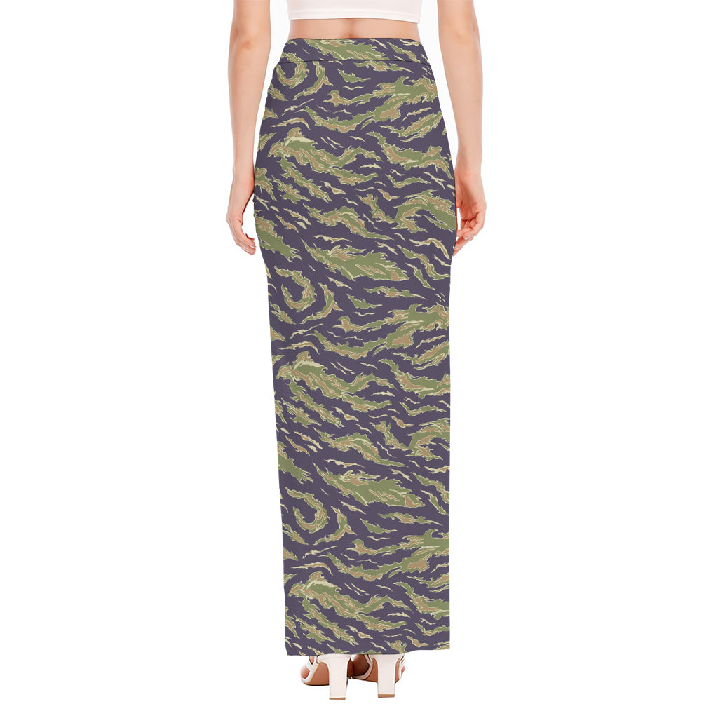 Military Tiger Stripe Camouflage Print High Slit Maxi Skirt