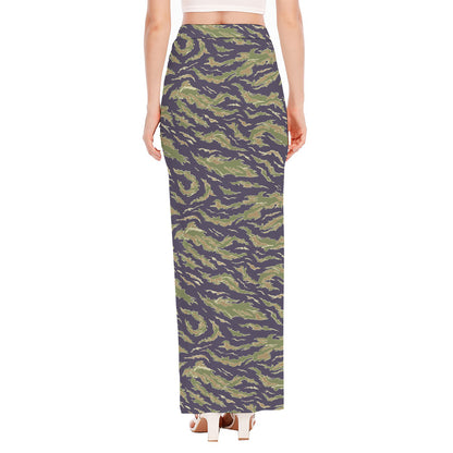 Military Tiger Stripe Camouflage Print High Slit Maxi Skirt