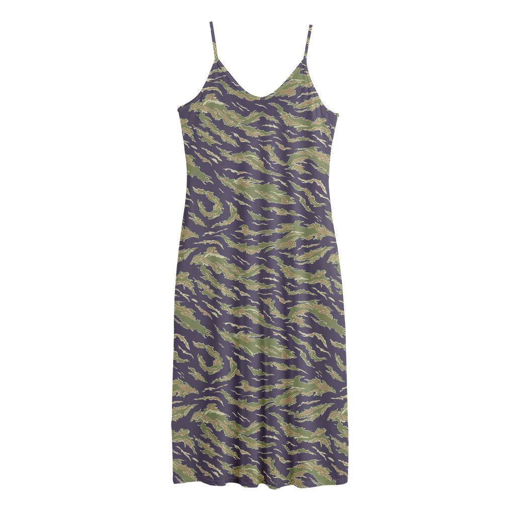 Military Tiger Stripe Camouflage Print Jersey Midi Cami Dress