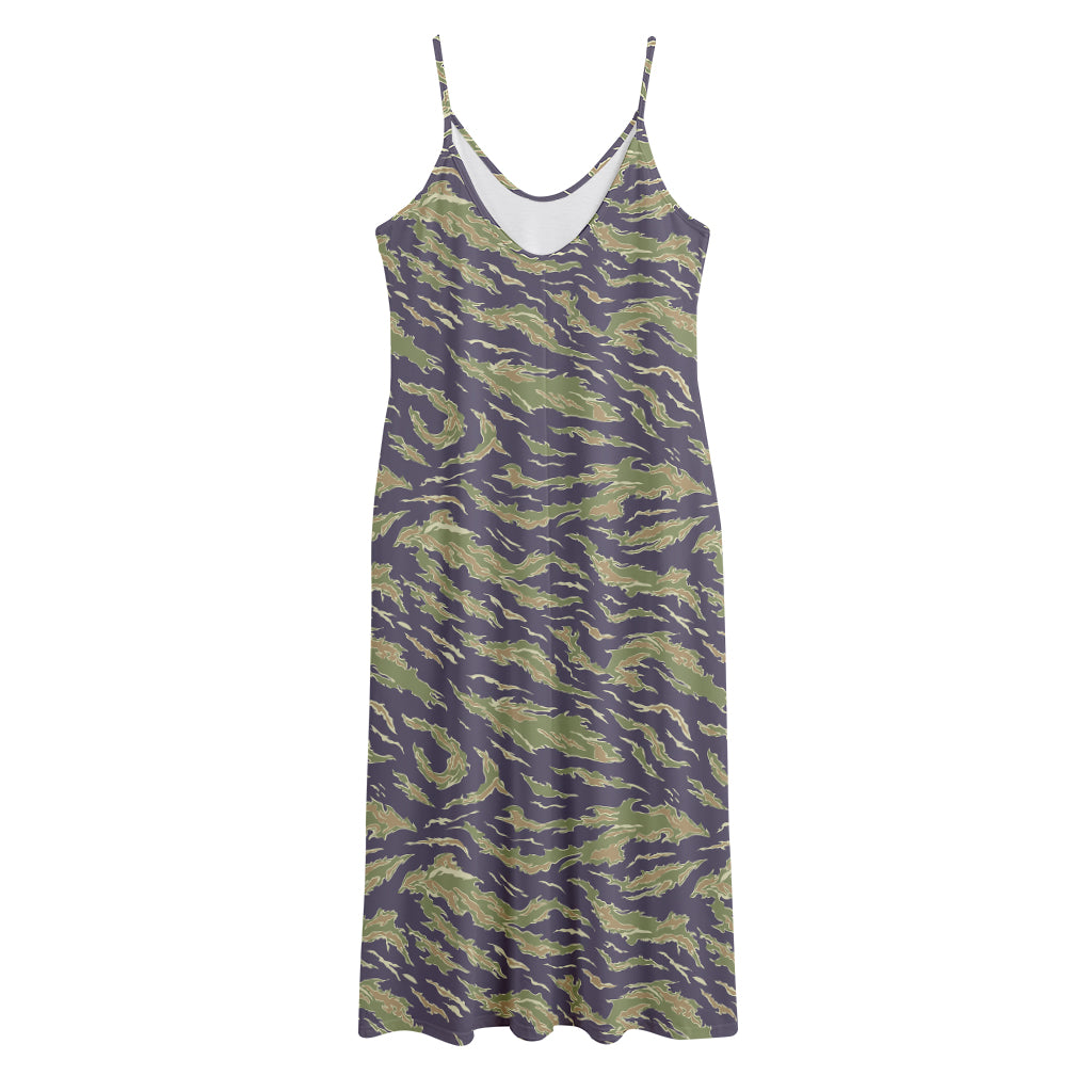 Military Tiger Stripe Camouflage Print Jersey Midi Cami Dress