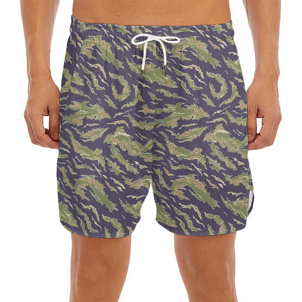 Military Tiger Stripe Camouflage Print Men's Split Running Shorts