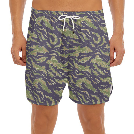 Military Tiger Stripe Camouflage Print Men's Split Running Shorts