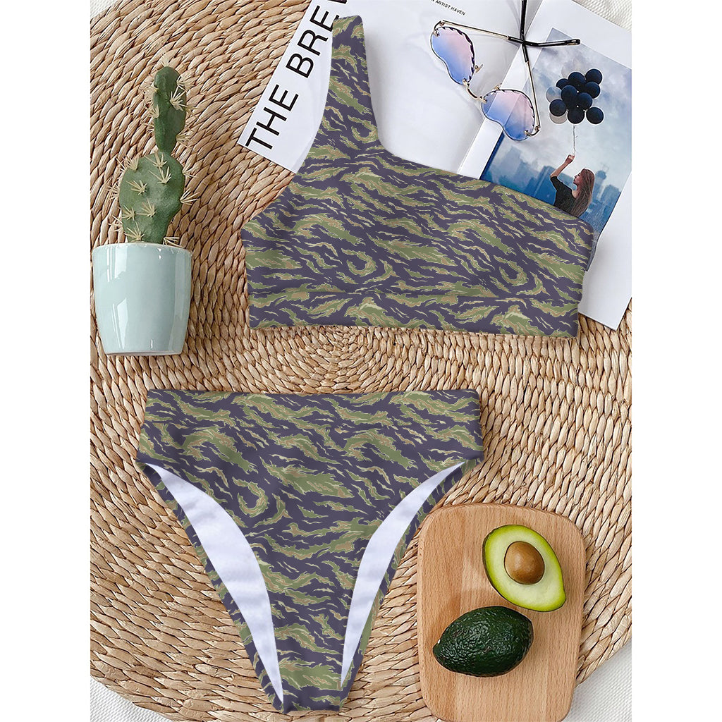 Military Tiger Stripe Camouflage Print One Shoulder Bikini Top
