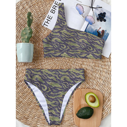 Military Tiger Stripe Camouflage Print One Shoulder Bikini Top