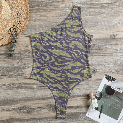 Military Tiger Stripe Camouflage Print One Shoulder Bodysuit
